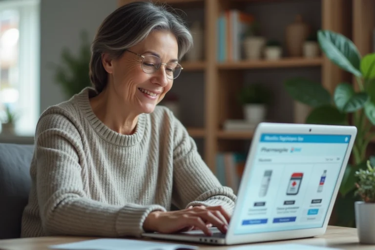 Femme d'âge moyen souriante au bureau à domicile