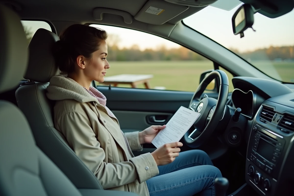 Jeune femme vérifiant documents dans la voiture