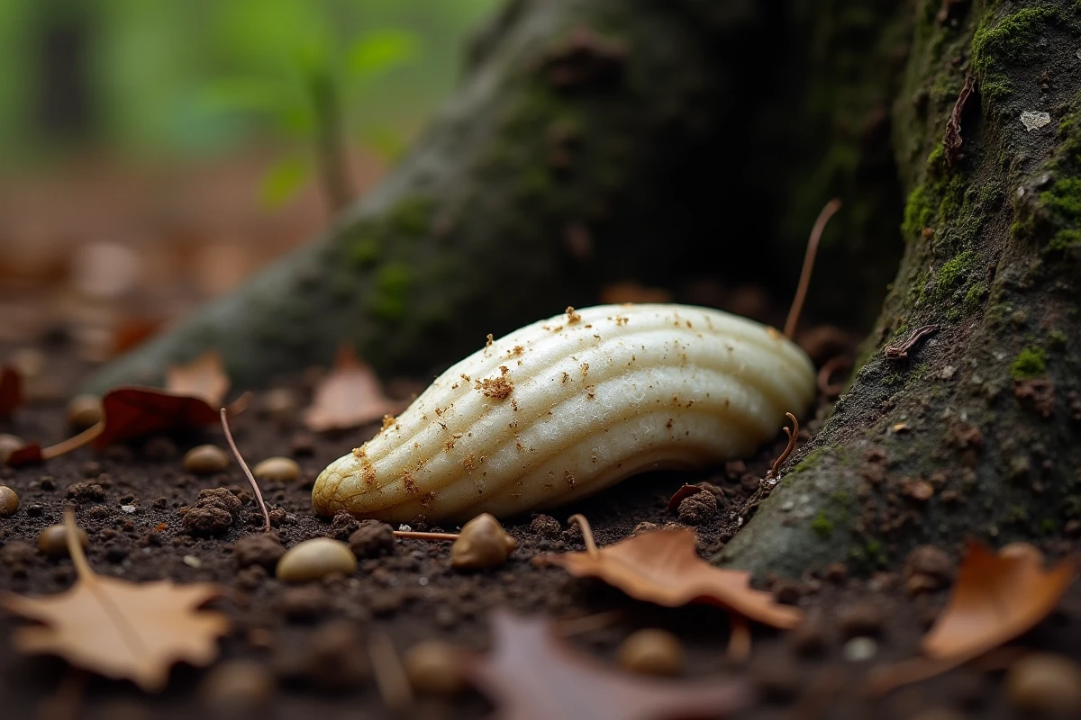 Excréments de serpent sur sol forestier entourés de feuilles mortes et de brindilles au pied d'un tronc d'arbre