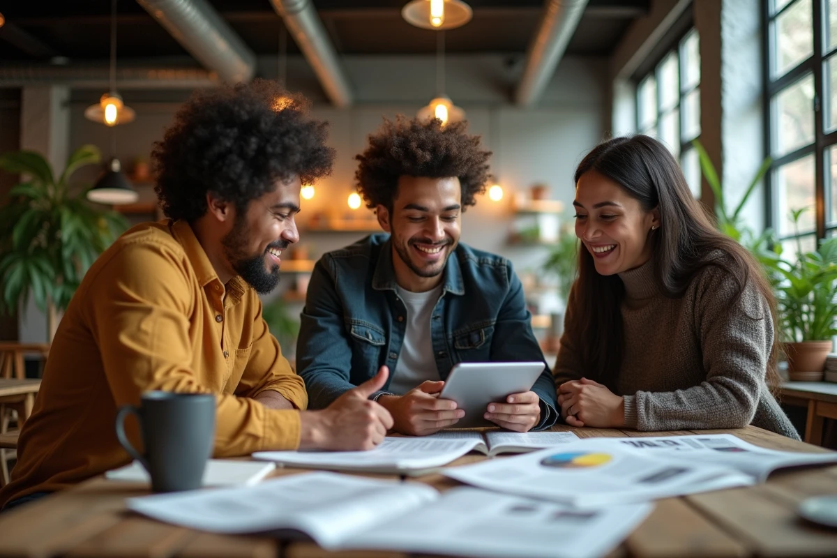 Groupe de collègues discutant des dernières actualités et tendances autour d'une table dans un espace de coworking