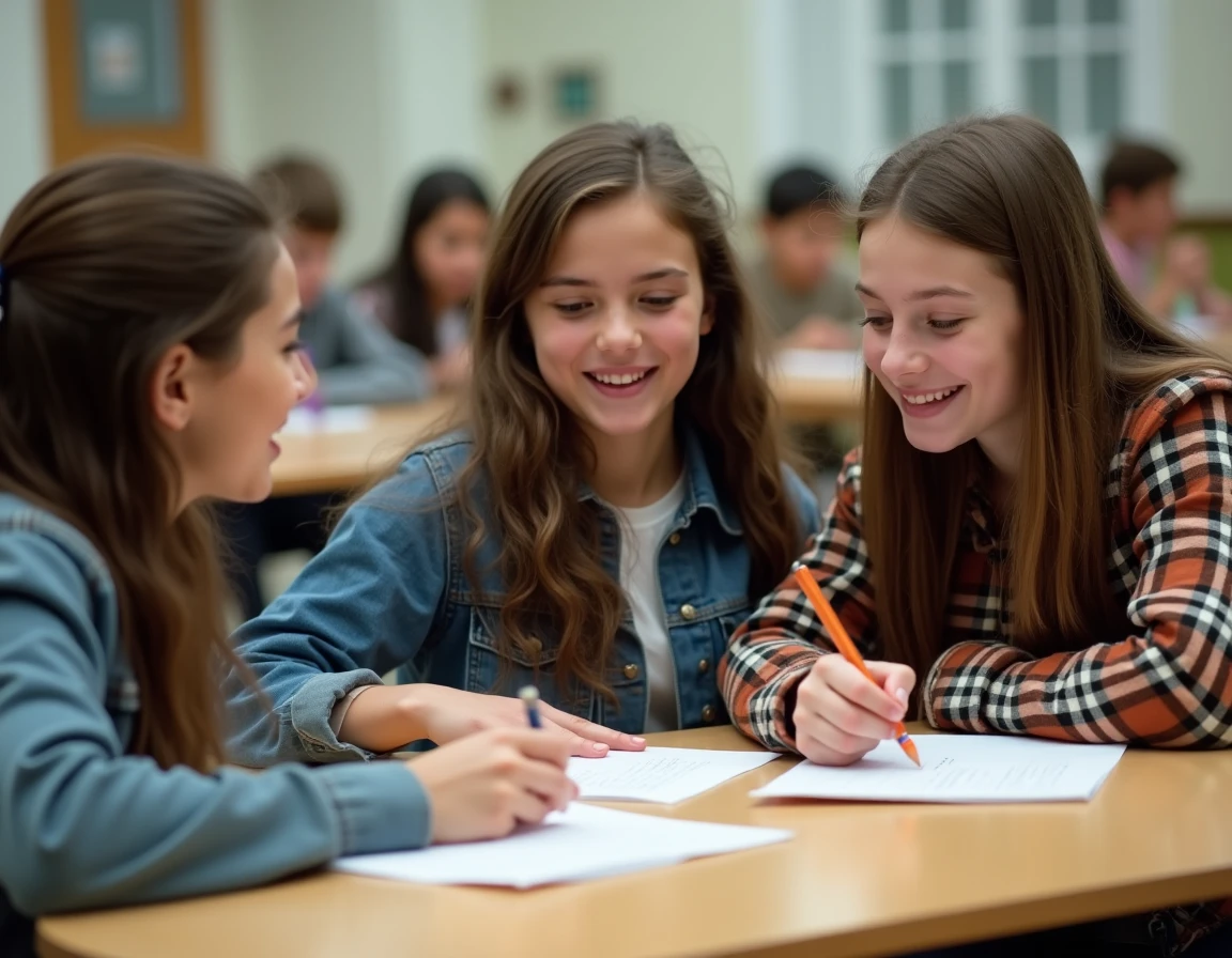 Groupe de lycéens en seconde comparant leurs devoirs et résultats scolaires à la cafétéria, illustrant l'entraide et la normalité d'une moyenne de 11 sur 20