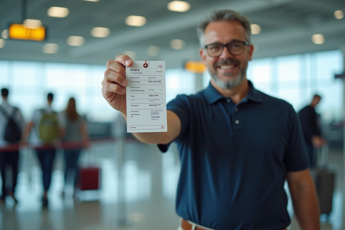 Homme à l'aéroport vérifiant son étiquette de bagage imprimée en PDF