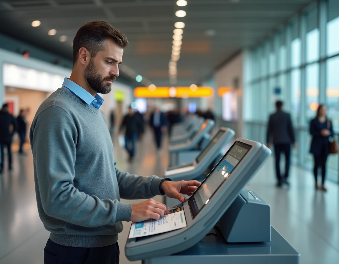 Homme utilisant un chèque vacances à une borne libre-service dans un aéroport Air France