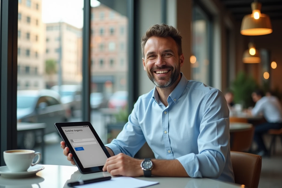 Homme souriant utilisant une tablette dans un café urbain lumineux