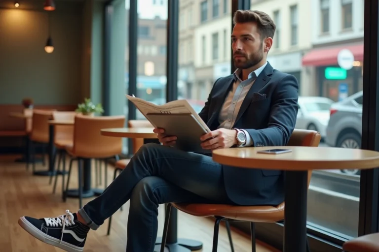 Homme élégant en café avec tablette et journal
