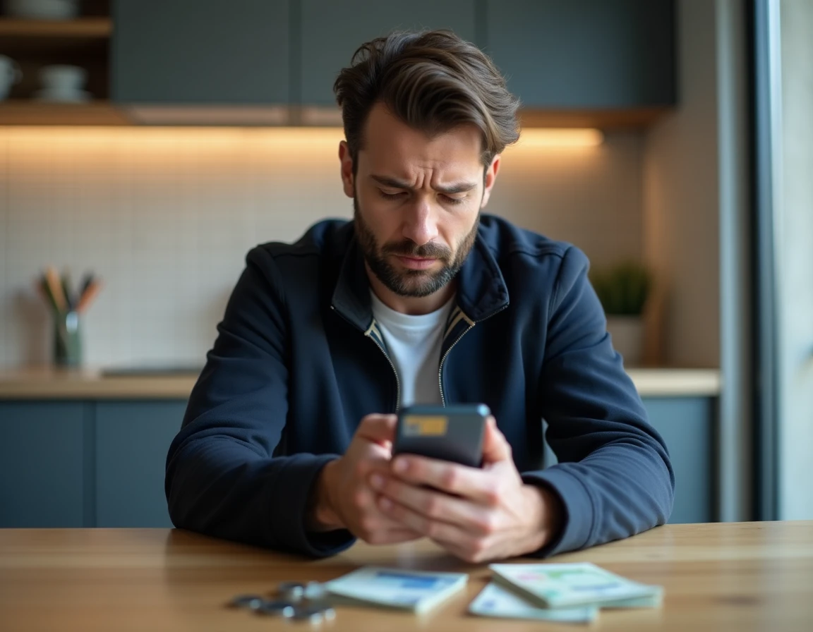Homme consultant son téléphone avec une carte Nickel et des espèces sur une table, cherchant à comprendre un refus de dépôt