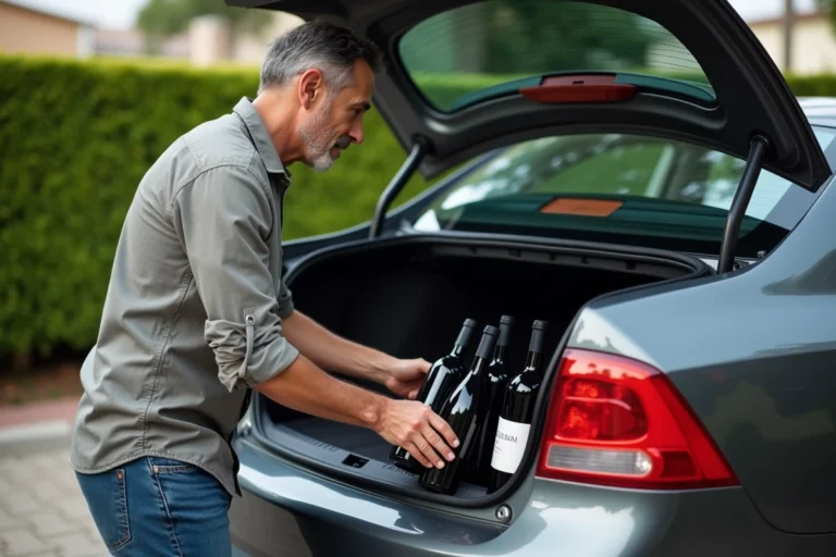 Homme moyenâgeux chargeant bouteilles de vin dans sa voiture