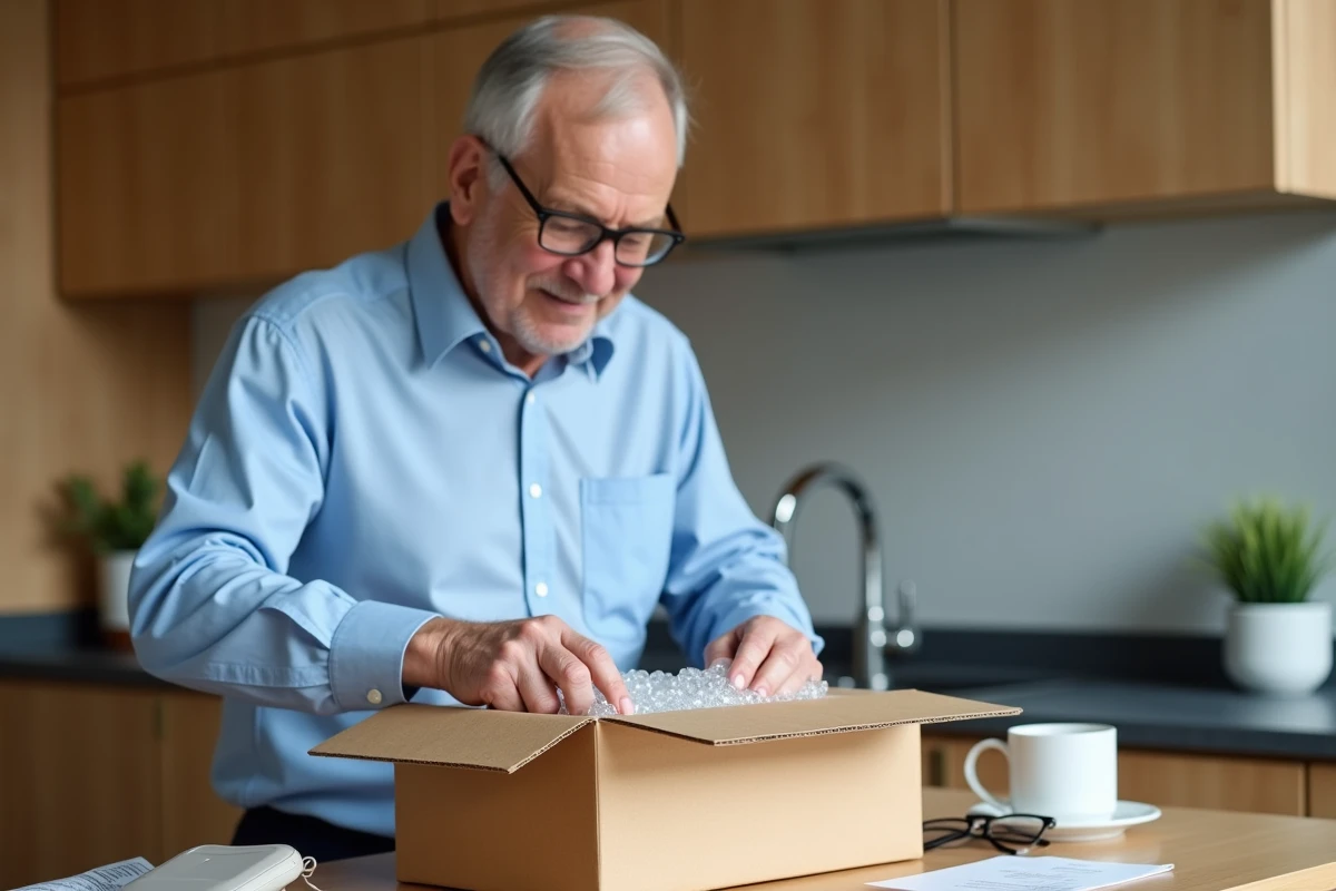 Homme âgé déballant des produits médicaux dans la cuisine