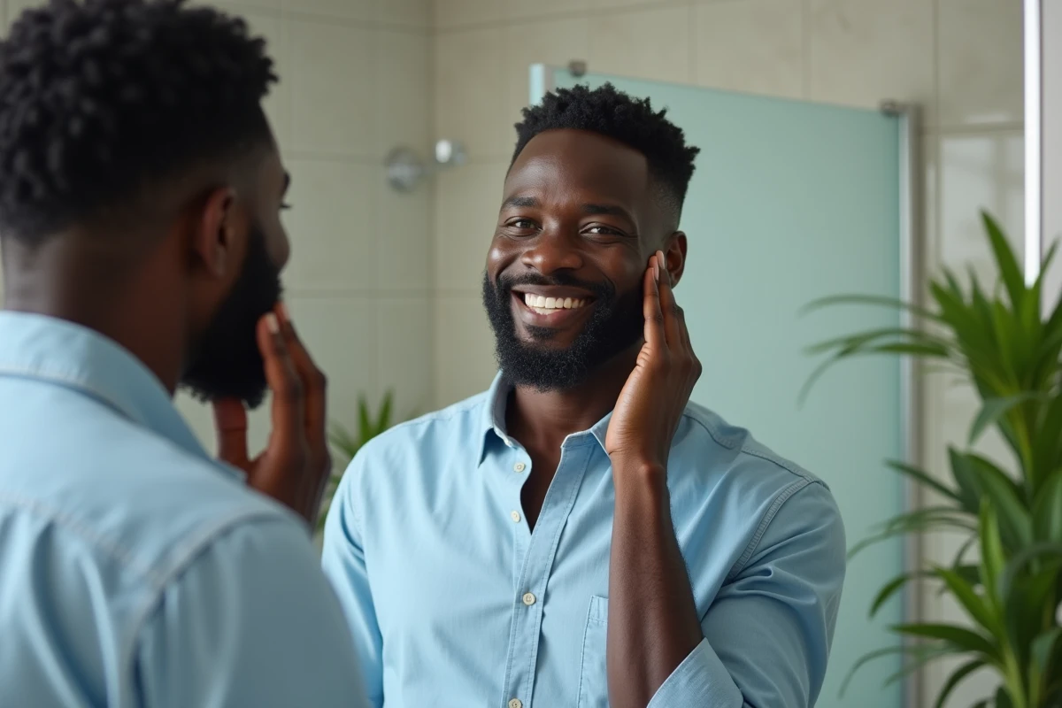 Homme noir appliquant une creme visage dans la salle de bain