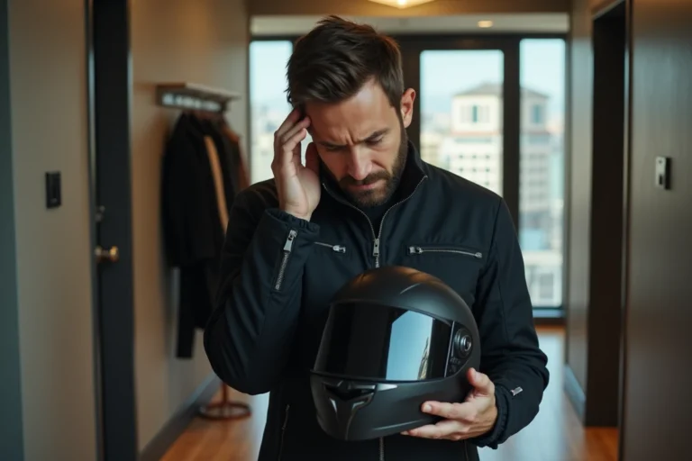 Homme en veste moto tenant son casque en réfléchissant
