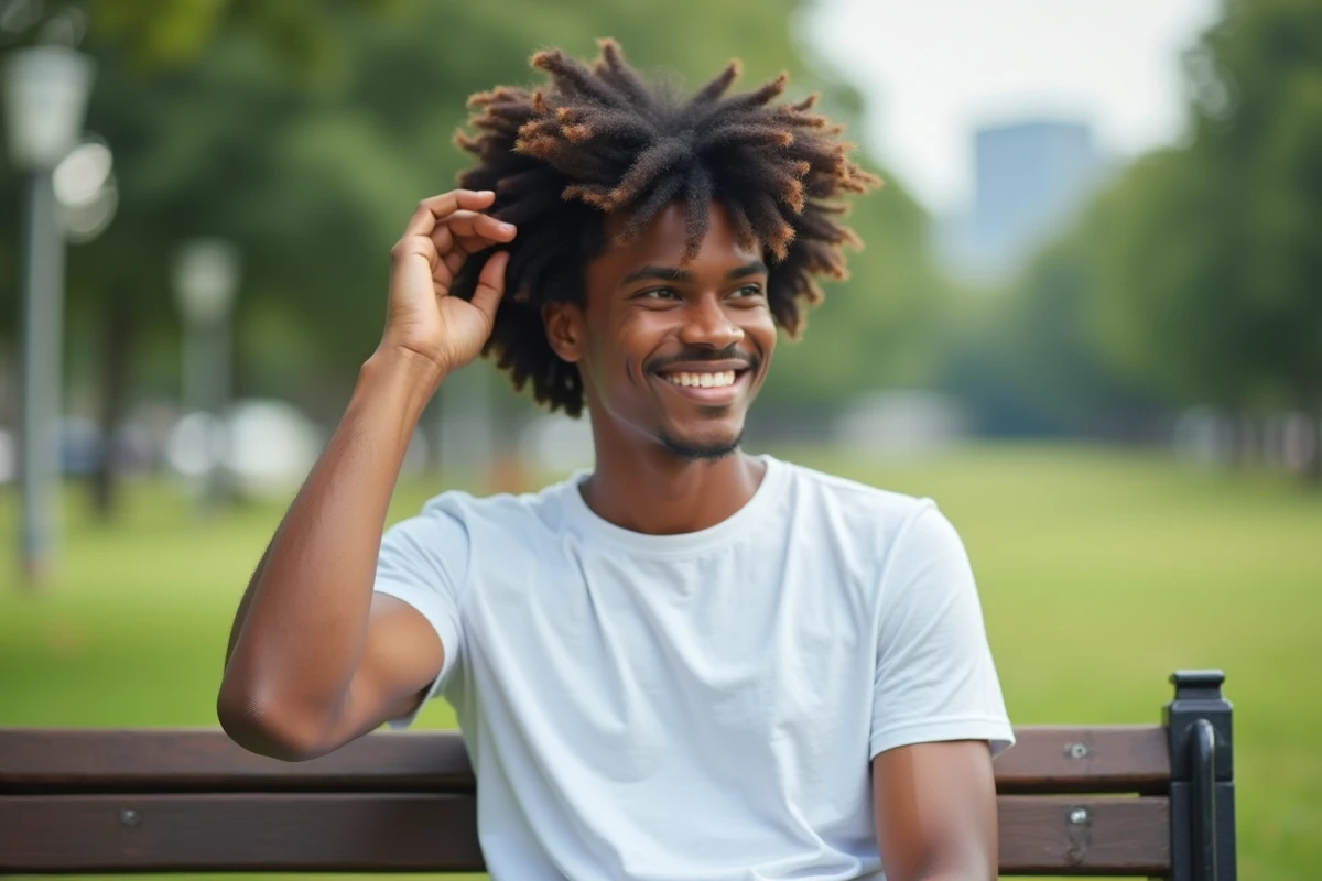Jeune homme assis sur un banc dans un parc urbain