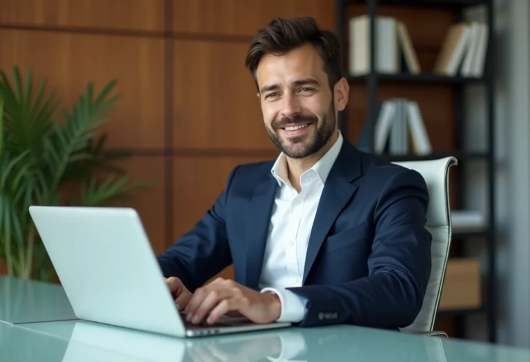 Homme d'affaires en costume travaillant sur son ordinateur dans un bureau moderne