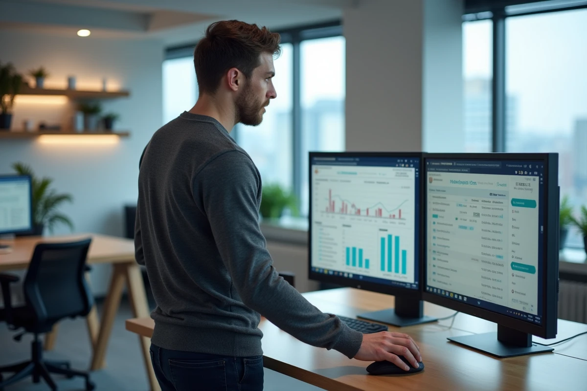 Homme professionnel consultant des tendances et actualités sur un grand écran dans un bureau moderne
