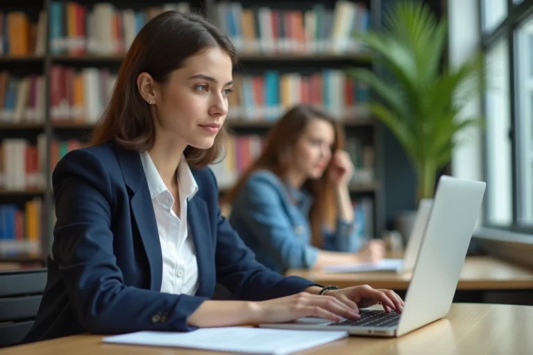 Jeune femme en blazer bleu à la bibliothèque universitaire