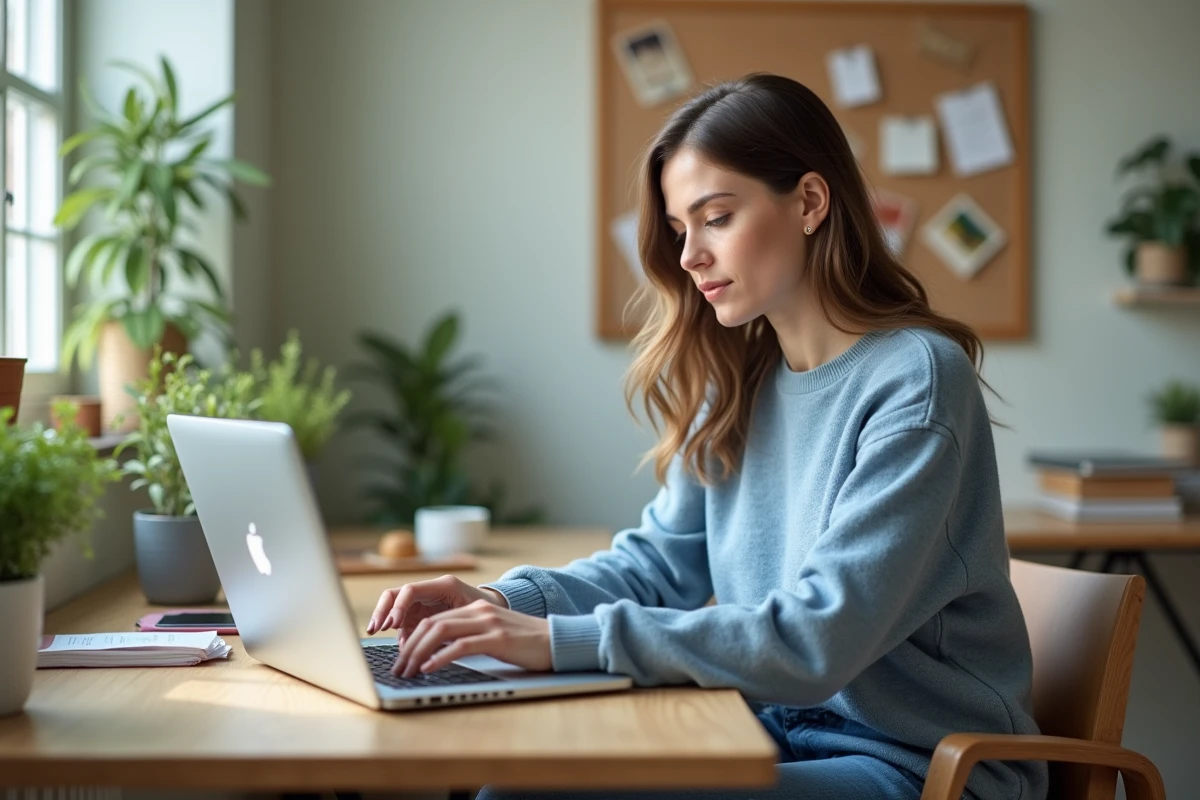 Jeune femme concentrée travaillant sur son ordinateur dans un bureau cosy