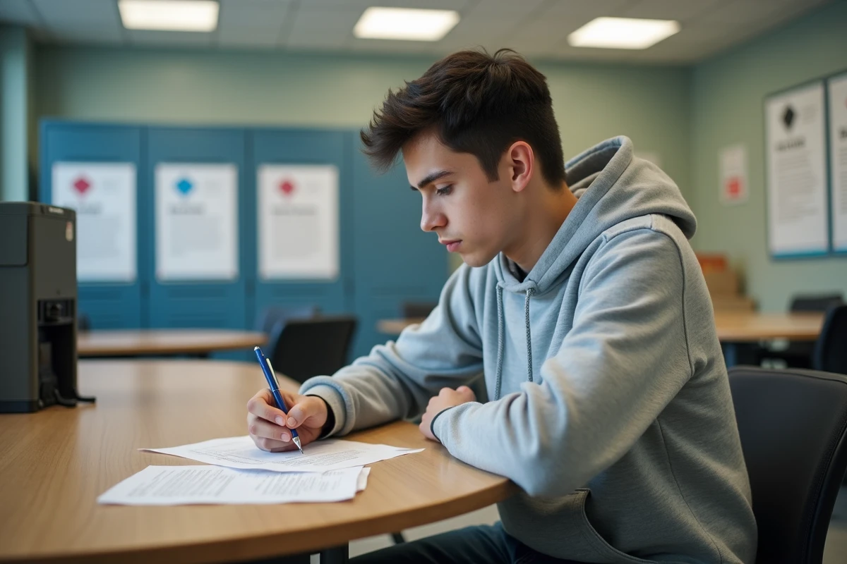 Jeune homme remplissant un formulaire dans un bureau d