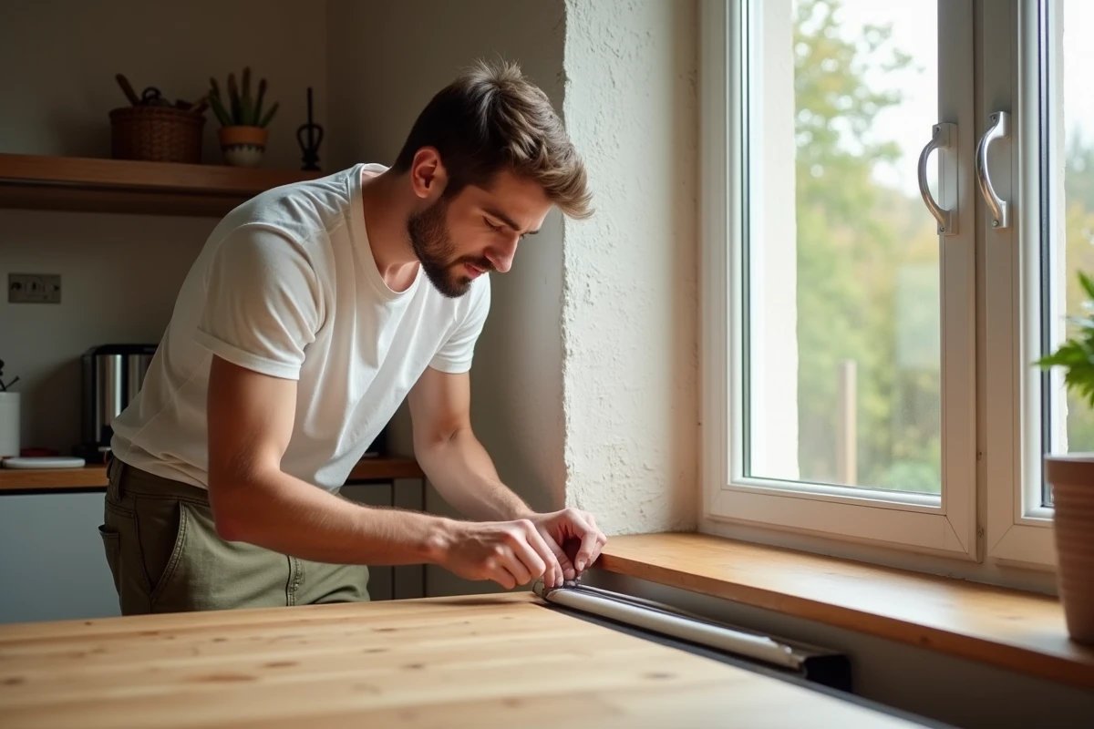 Jeune homme installant une isolation de fenetre