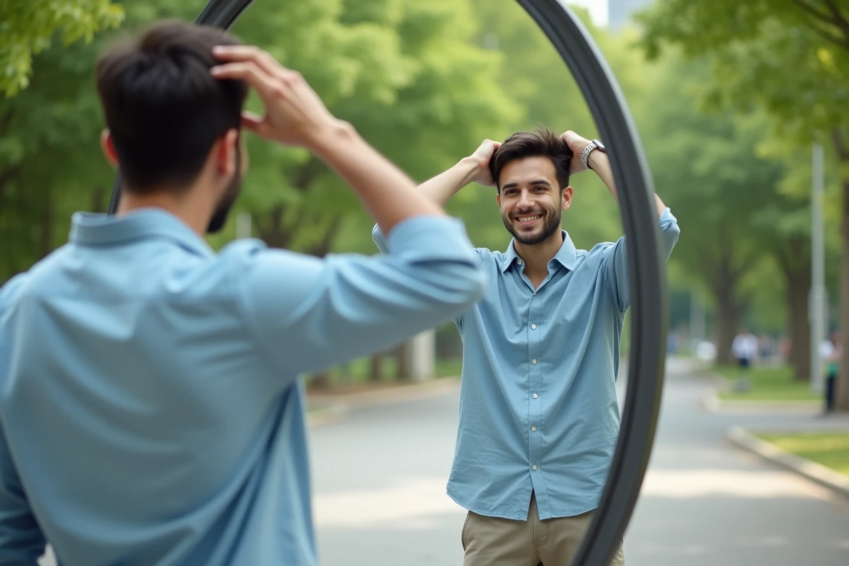 Jeune homme ajustant ses cheveux dans un parc urbain