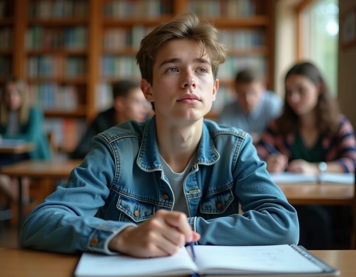 Adolescent en classe de seconde dans une bibliothèque scolaire, l'air pensif devant ses notes de mathématiques, illustrant une progression académique normale