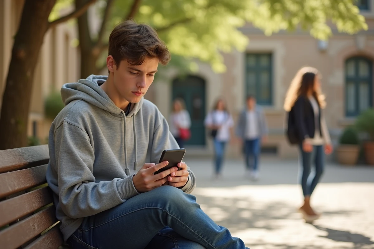 Lycéen configurant son adresse mail académique Aix-Marseille sur smartphone dans la cour de son établissement scolaire