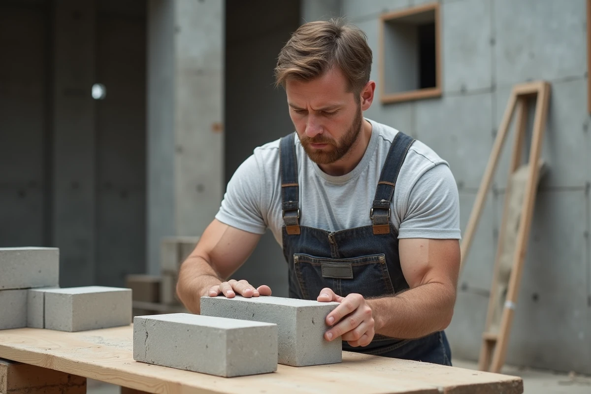 Maçon d'âge moyen examinant des blocs de construction sur un chantier
