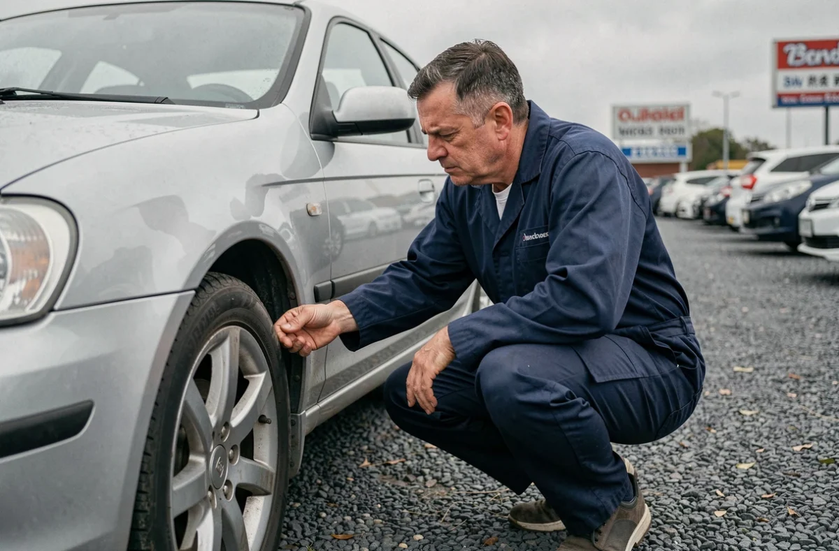 Mécanicien inspectant une voiture d'occasion dans un lot de concessionnaire, examinant la carrosserie d'une berline argentée