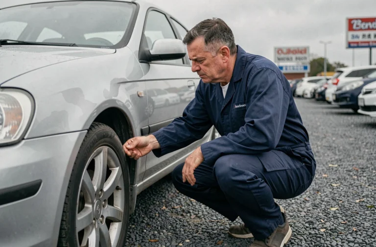 Mécanicien inspectant une voiture d'occasion dans un lot de concessionnaire, examinant la carrosserie d'une berline argentée