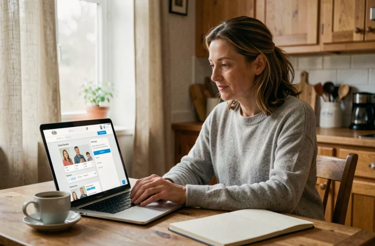 Mère de famille consultant le portail scolaire en ligne depuis sa cuisine le matin