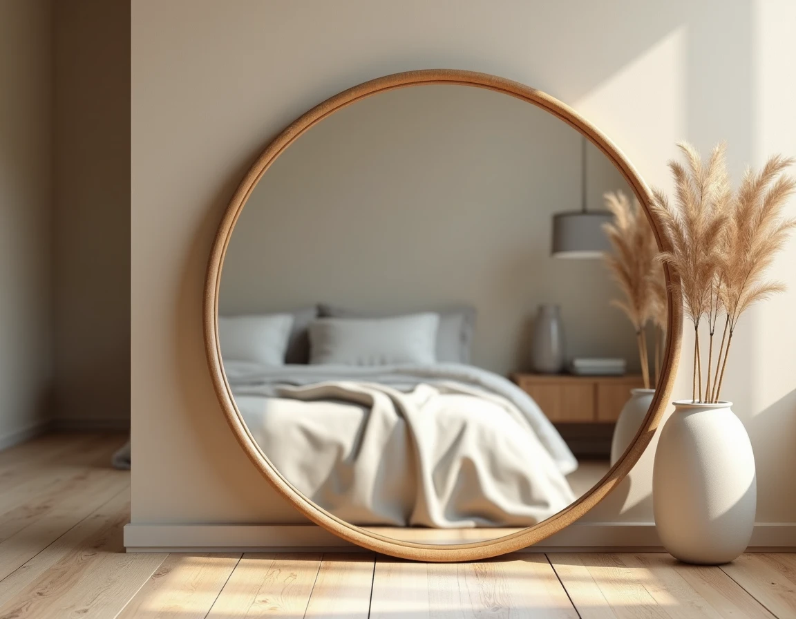 Grand miroir rond en rotin naturel posé en appui contre un mur taupe dans une chambre minimaliste, sans être accroché