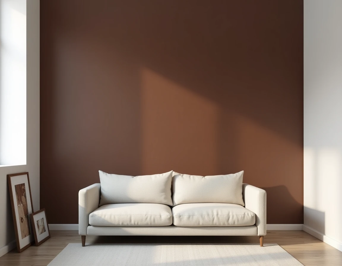 Mur porteur peint en brun profond servant de mur accent dans un salon minimaliste au canapé crème