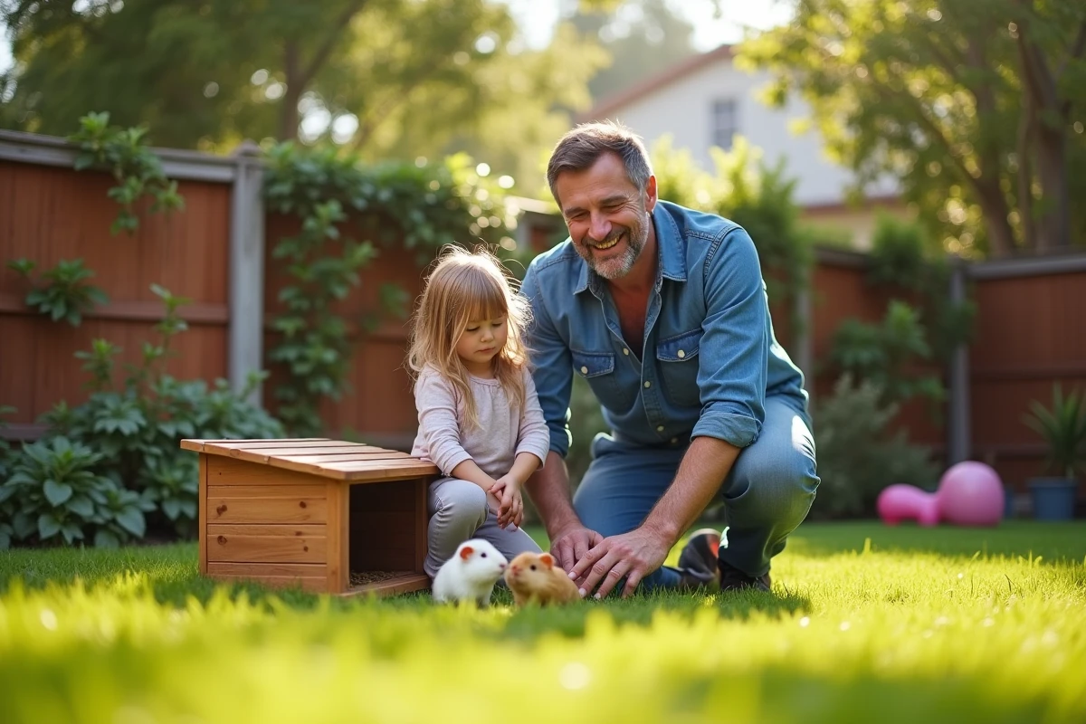 Père et fille caressant des cochons d