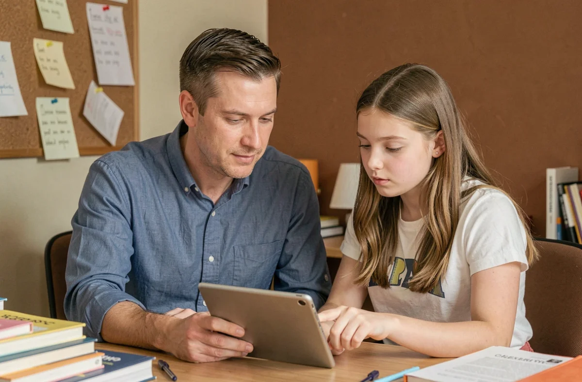 Père et adolescente consultant ensemble les résultats scolaires sur une tablette numérique