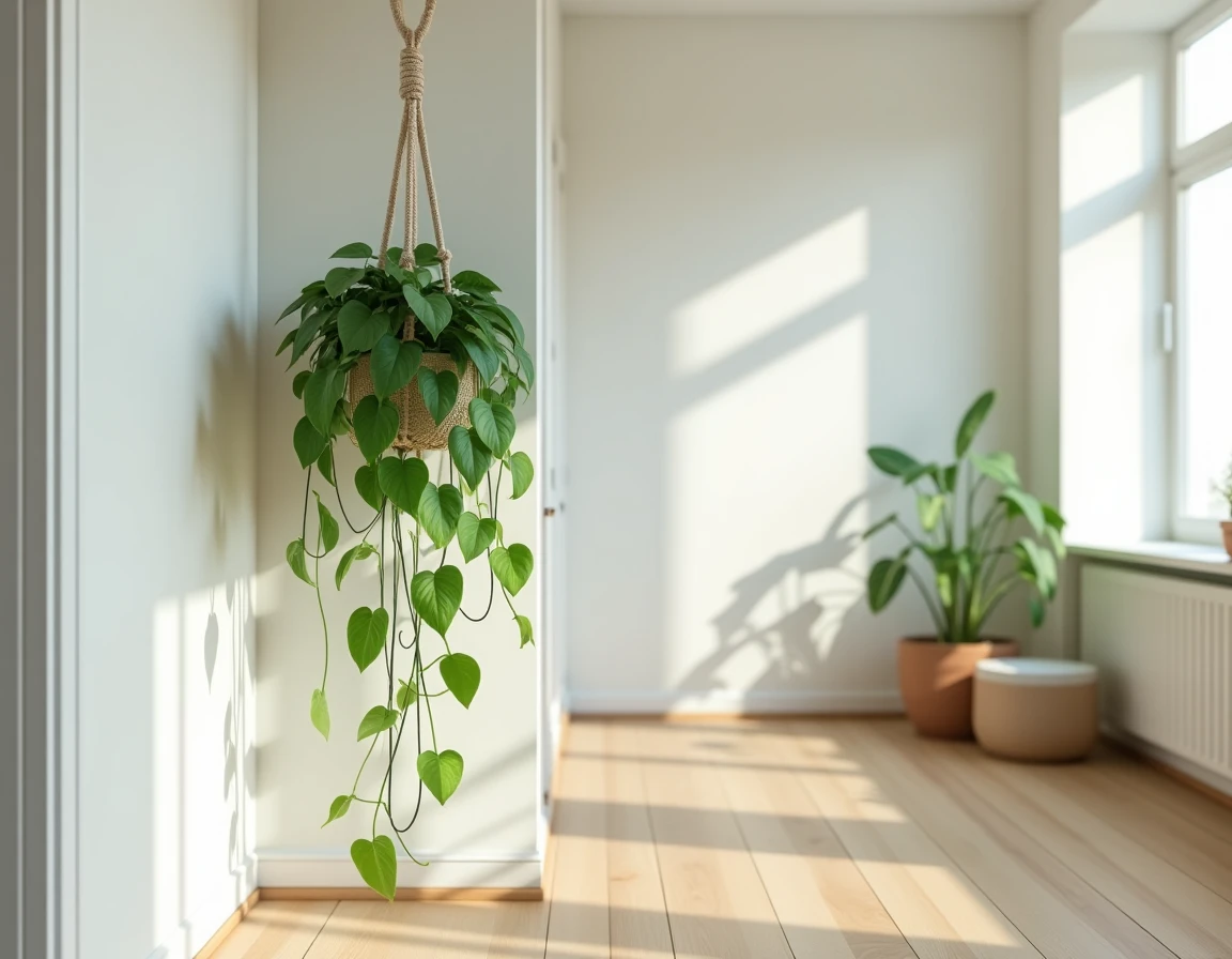 Plante retombante pothos suspendue dans un macramé en coton naturel noué à la main dans un coin d'appartement scandinave