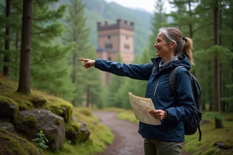 Femme souriante en randonnée pointant vers un château en forêt