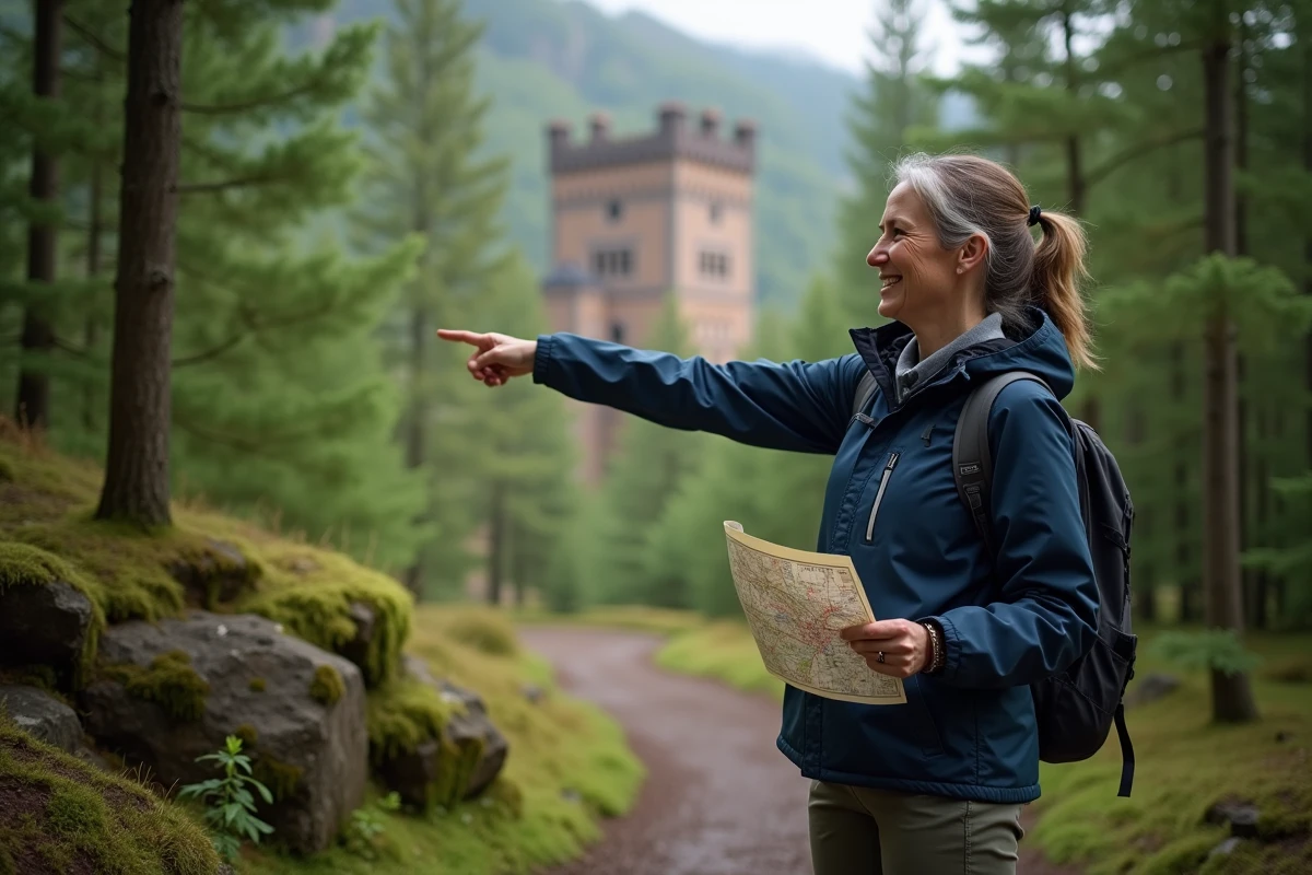 Femme souriante en randonnée pointant vers un château en forêt