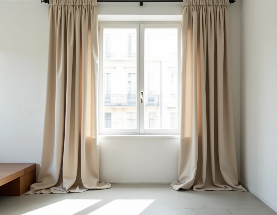 Rideau en lin épais naturel du sol au plafond suspendu à une tringle noire dans un appartement parisien minimaliste