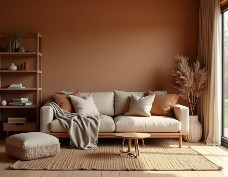 Salon chaleureux et cocooning avec textures superposées, rideaux en lin, plaid et objets déco soigneusement choisis