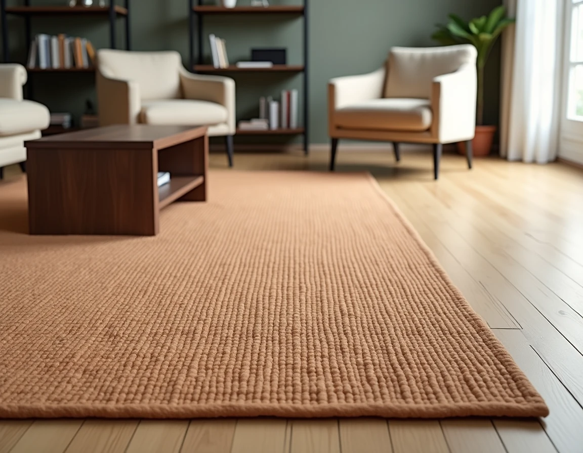 Tapis à poils courts en tons sable et terracotta posé sur un parquet chêne clair dans un salon contemporain