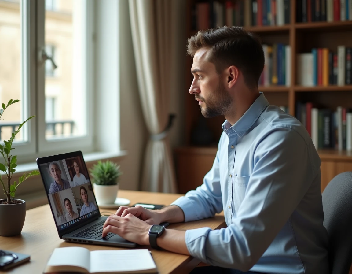 Homme en télétravail dans un appartement haussmannien à Lyon, connecté en visioconférence, symbole du travail hybride et de la digitalisation en France