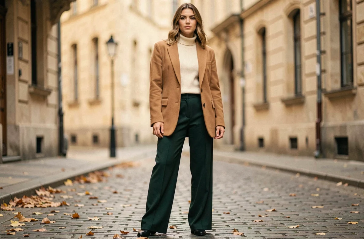 Femme portant un blazer camel oversize et un pantalon large vert forêt dans une rue pavée européenne en automne, tendances mode saison