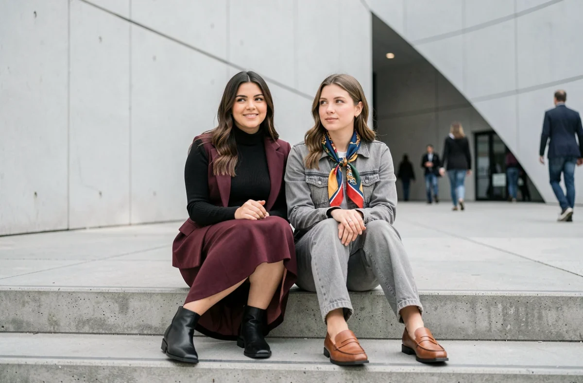 Deux femmes aux styles mode complémentaires assises sur des marches devant un musée moderne, tendances jupe midi et denim droite