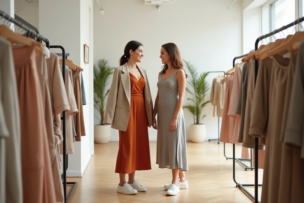Deux femmes élégantes feuilletant des vêtements dans une boutique de mode minimaliste, robes tendance saison automne-hiver, ambiance shopping chic