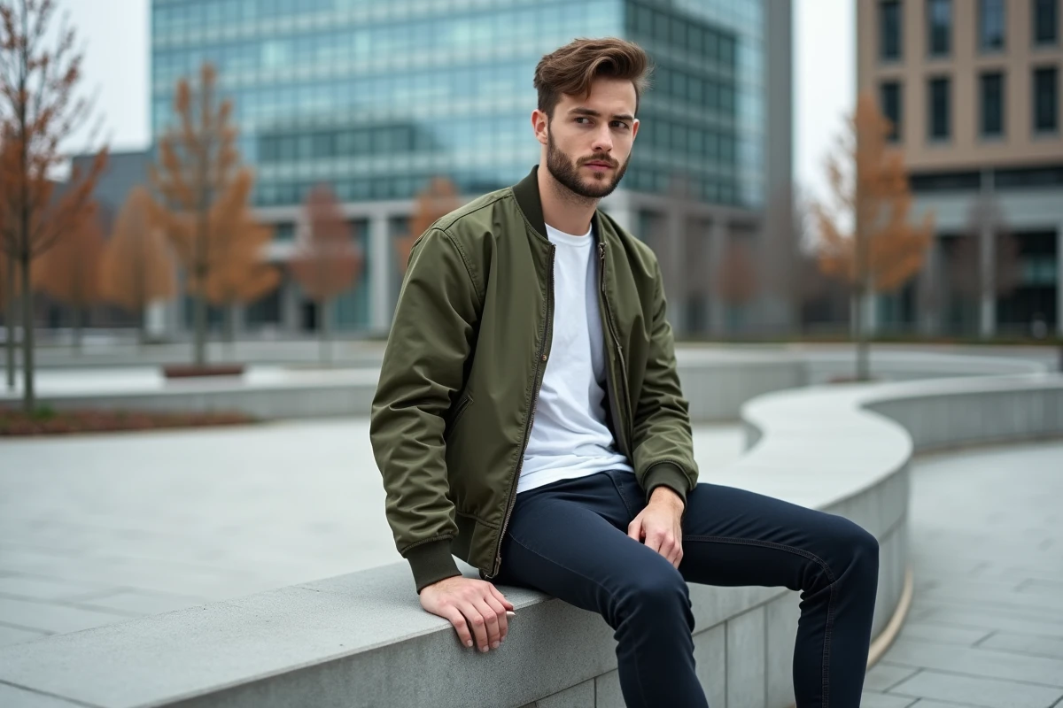 Homme en bomber jacket olive et chino marine assis sur un banc en béton dans une place urbaine moderne, tendances mode homme streetwear