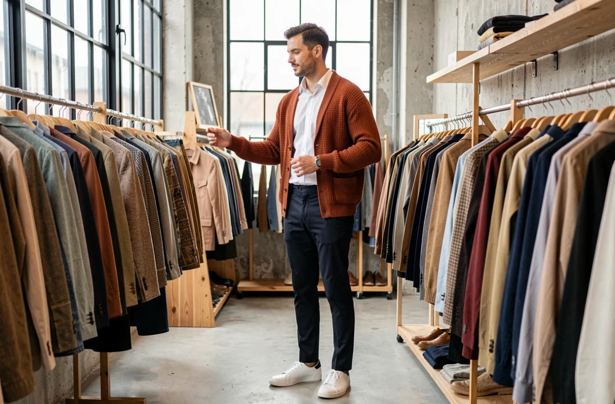 Homme en cardigan rouille texturé et pantalon marine dans un concept store vintage, style mode tendance automne-hiver