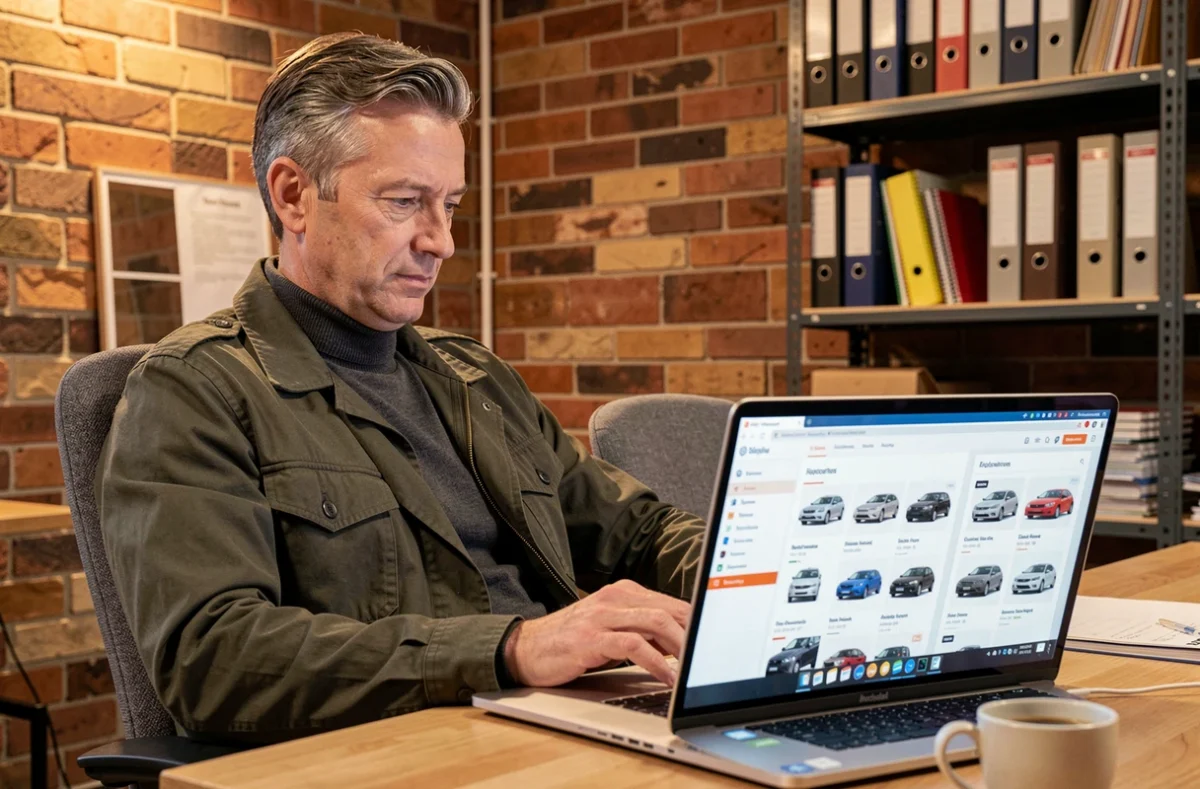 Homme consultant la structure organisée d'un site automobile sur un ordinateur portable dans un espace de coworking
