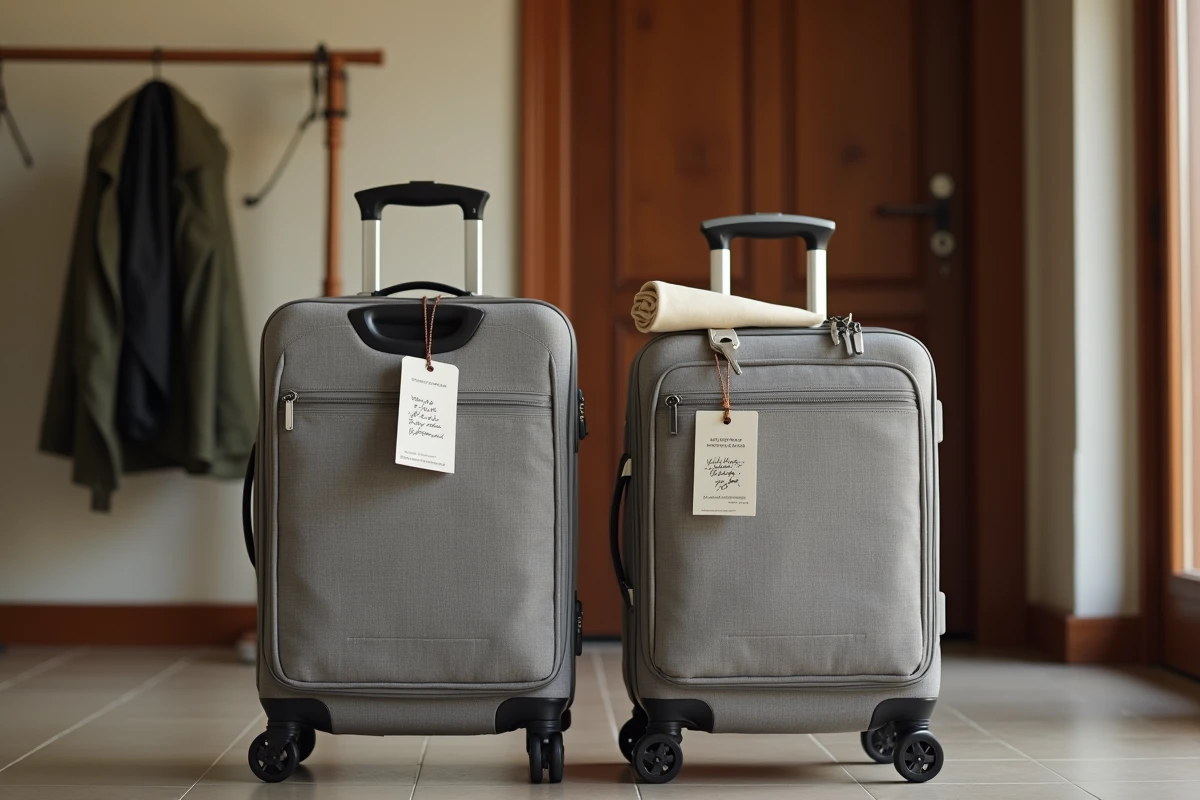 Deux valises avec étiquettes imprimées prêtes à partir près d'une porte d'entrée
