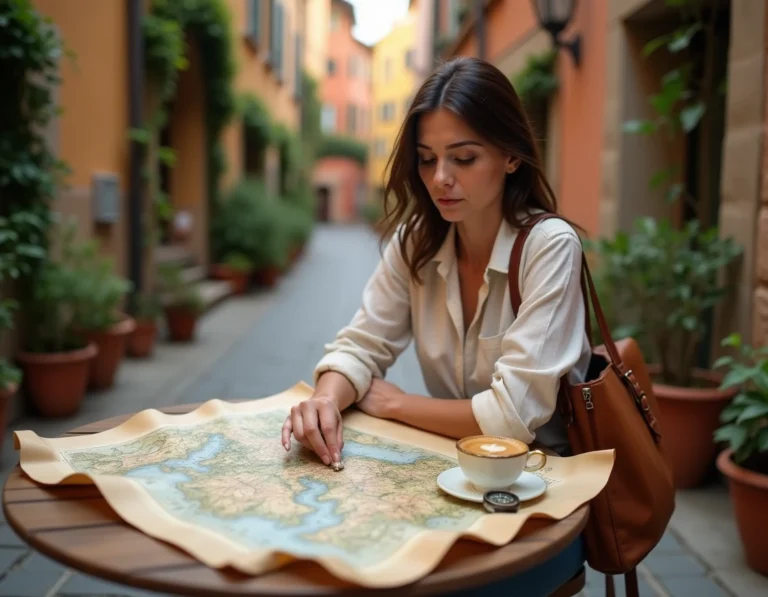 Femme planifiant un voyage thématique sur mesure avec une carte illustrée dans un café méditerranéen